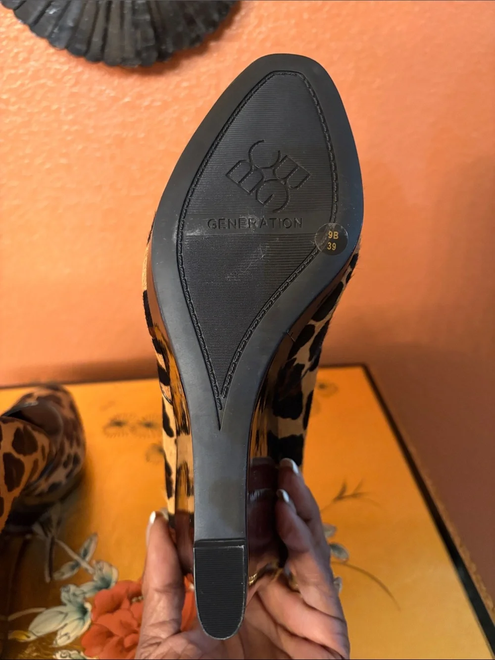 BCBG Leopard Print Peep-Toe Wedges with Black Trim